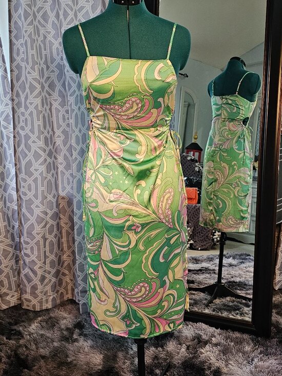 Christian Lacroix Dresses & Skirts - Christian Lacroix Green & Pink Paisley Print Satin Cut‑Out Midi Dress, Size XS